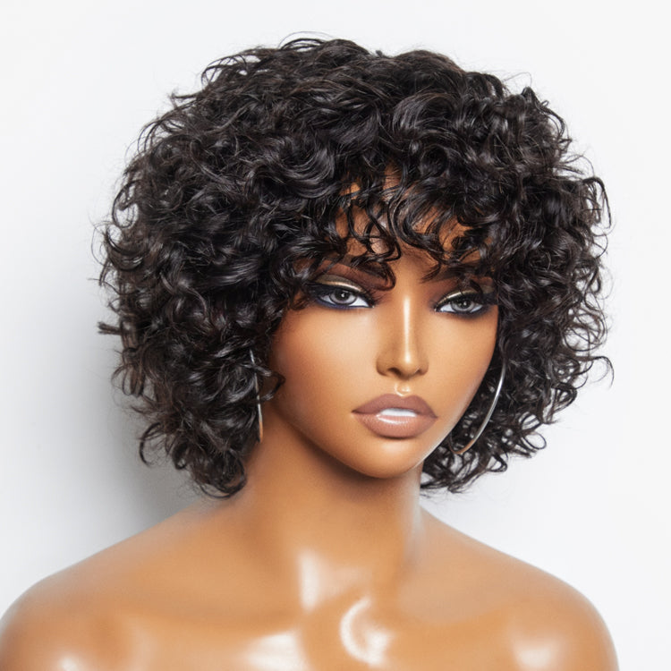 Beginner Friendly Trendy Water Wave Light Weight Glueless Short Cut Wig with Bangs