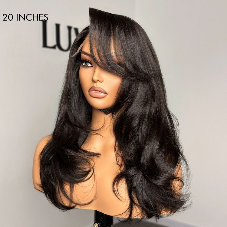 Blow Out Layered Cut C Part Glueless 5x5 Closure HD Lace Wig with Bangs