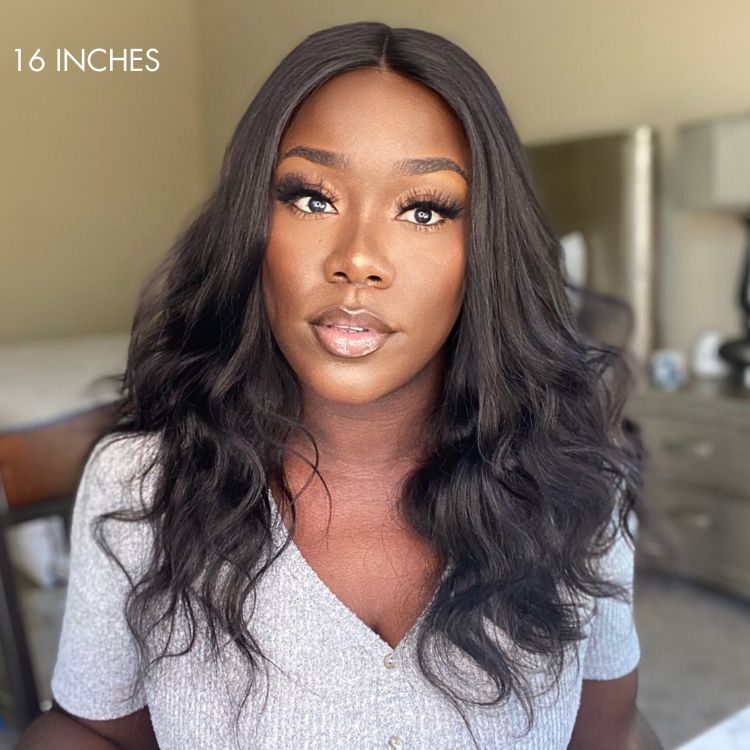 Natural Black Body Wave 4x4 Closure Lace Glueless Mid Part Long Wig 100% Human Hair