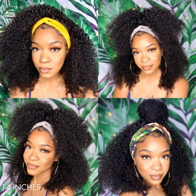 Newbie Only | Natural Black Jerry Curly No Lace Glueless Free Part Long Headband Wig (Get Free Trendy Headbands)