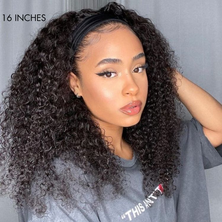 Newbie Only | Natural Black Jerry Curly No Lace Glueless Free Part Long Headband Wig (Get Free Trendy Headbands)