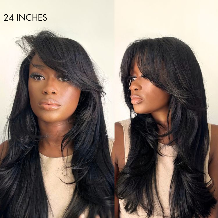 Blow Out Layered Cut C Part Glueless 5x5 Closure HD Lace Wig with Bangs