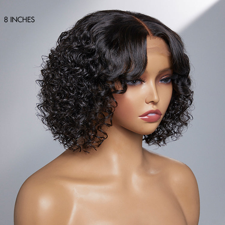Casual Bouncy Curly 4x4 Closure Lace Glueless Short Wig With Bangs 100% Human Hair | Face-Framing