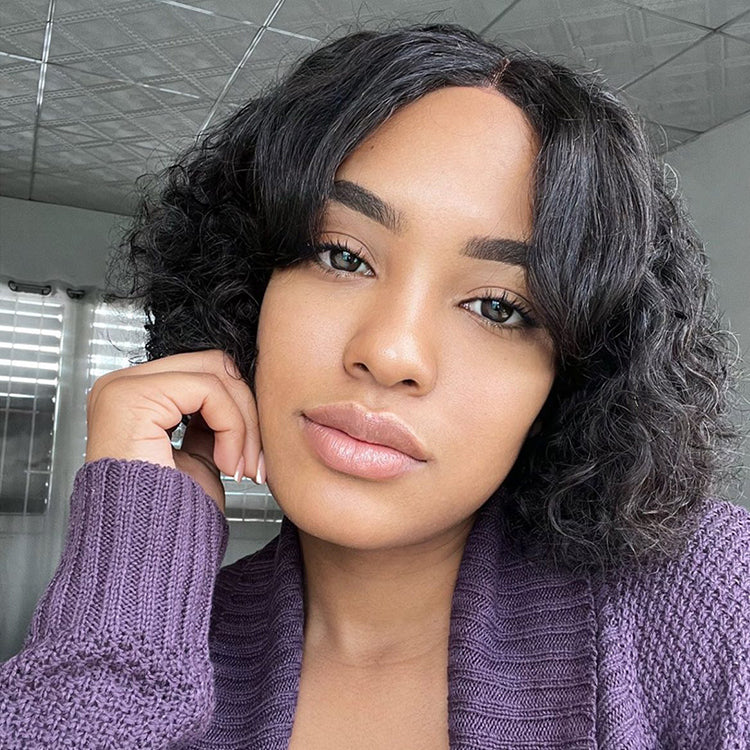Casual Bouncy Curly 4x4 Closure Lace Glueless Short Wig With Bangs 100% Human Hair | Face-Framing
