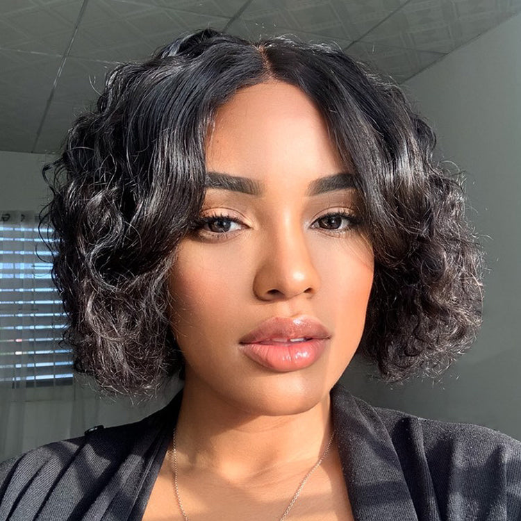 Casual Bouncy Curly 4x4 Closure Lace Glueless Short Wig With Bangs 100% Human Hair | Face-Framing
