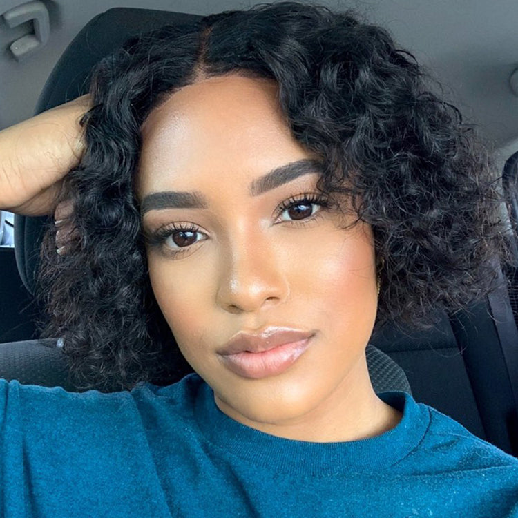 Casual Bouncy Curly 4x4 Closure Lace Glueless Short Wig With Bangs 100% Human Hair | Face-Framing