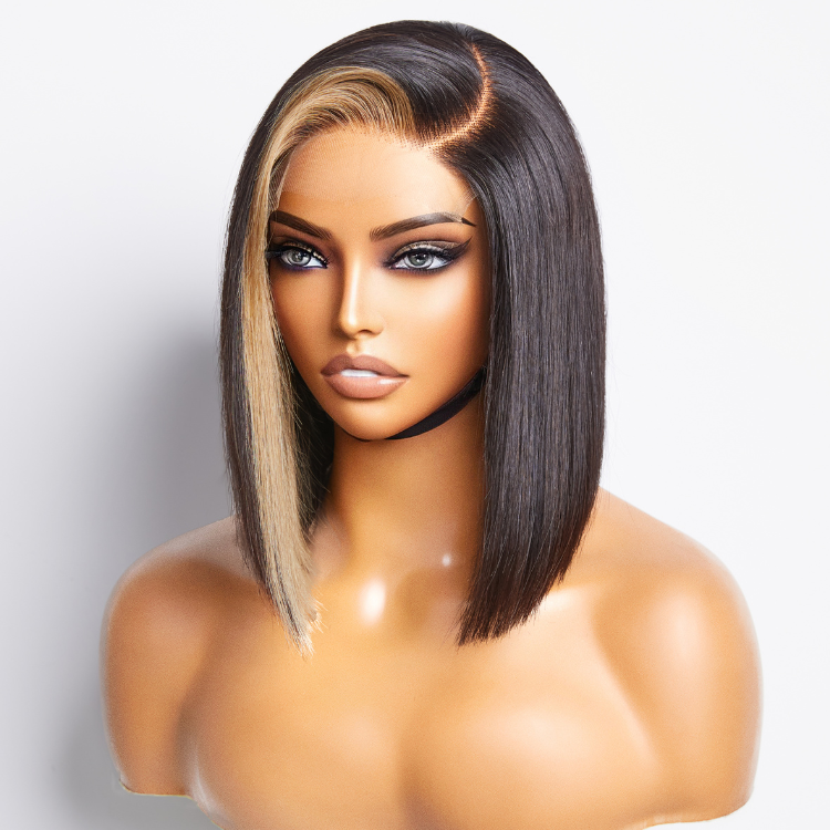 Blonde Highlight Bob With Bangs C Part Glueless Minimalist Lace Wig