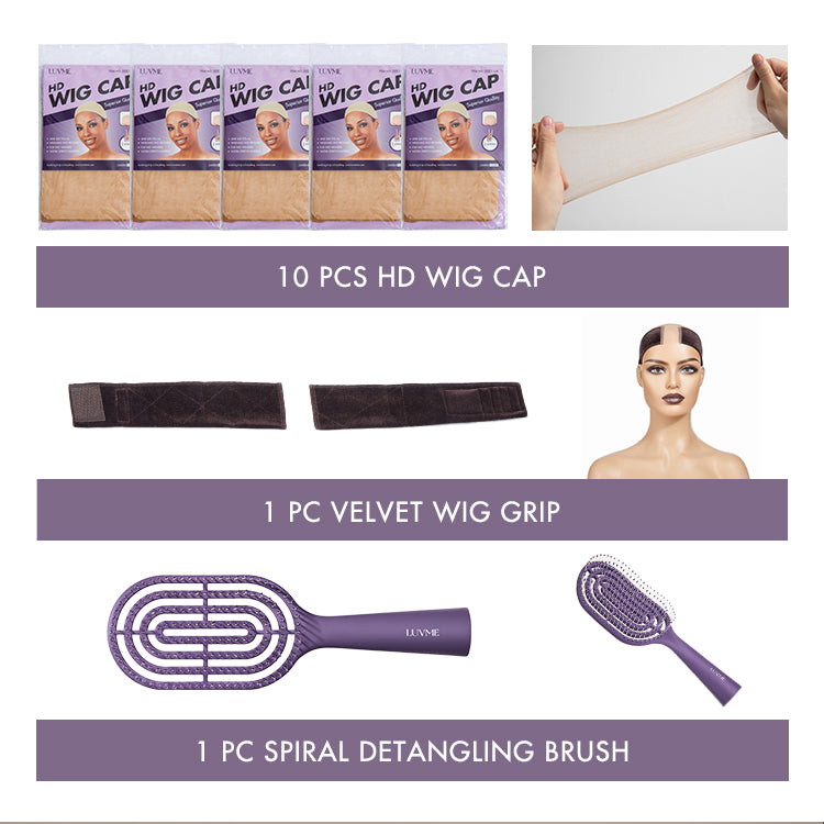 Glueless Installation Kit | HD Wig Cap (10pcs) + 1pc Velvet Band + 1pc Detangling Brush