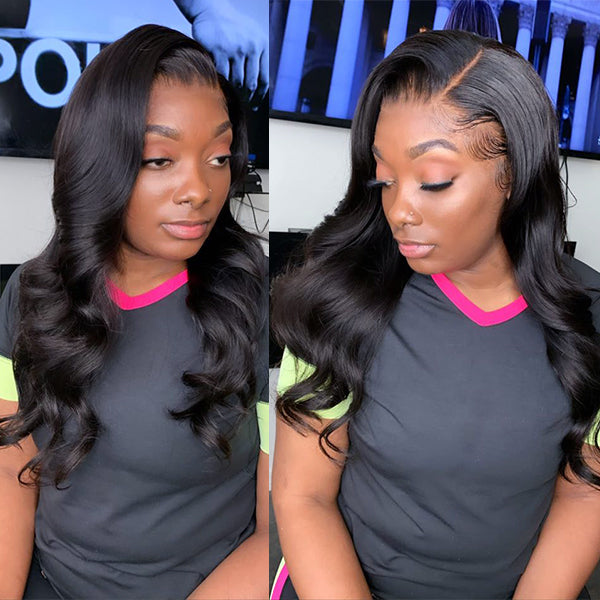 Newbie Only | Natural Black Body Wave 13x4 Frontal HD Lace Glueless Side Part Long Wig | Large & Small Cap Size