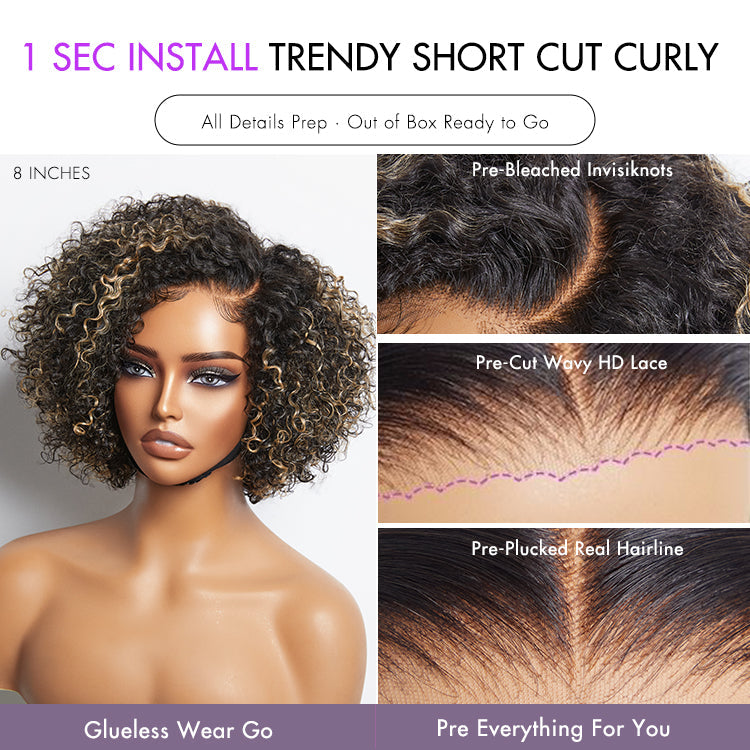 1 SEC INSTALL WIG | Honey Blonde Highlight / Natural Black Kinky Curly Glueless Minimalist HD Lace Classic Short Wig
