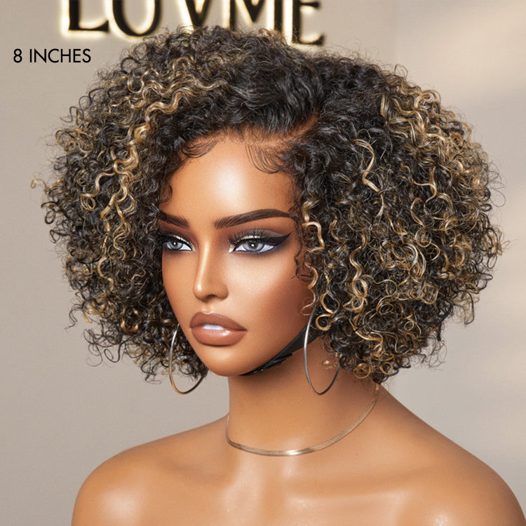 1 SEC INSTALL WIG | Honey Blonde Highlight / Natural Black Kinky Curly Glueless Minimalist HD Lace Classic Short Wig