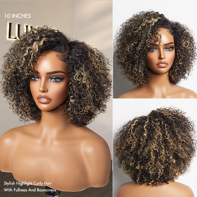 1 SEC INSTALL WIG | Honey Blonde Highlight / Natural Black Kinky Curly Glueless Minimalist HD Lace Classic Short Wig