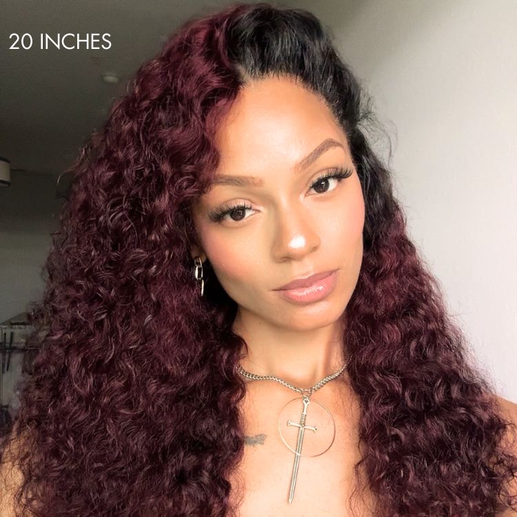 Pre-plucked Ombre Dark Burgundy 99J Water Wave Ear-to-ear Glueless 13x4 Frontal HD Lace Wig