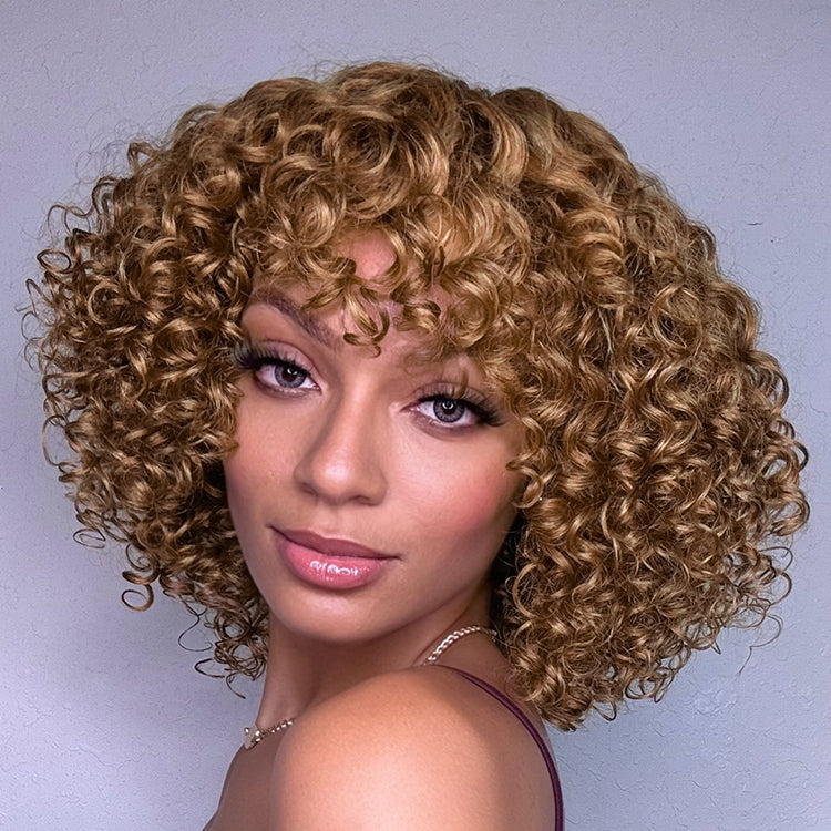 Lightweight Sun-kissed Vibe Golden Blonde Short Cut Water Wave Glueless Minimalist Lace Wig with Bangs