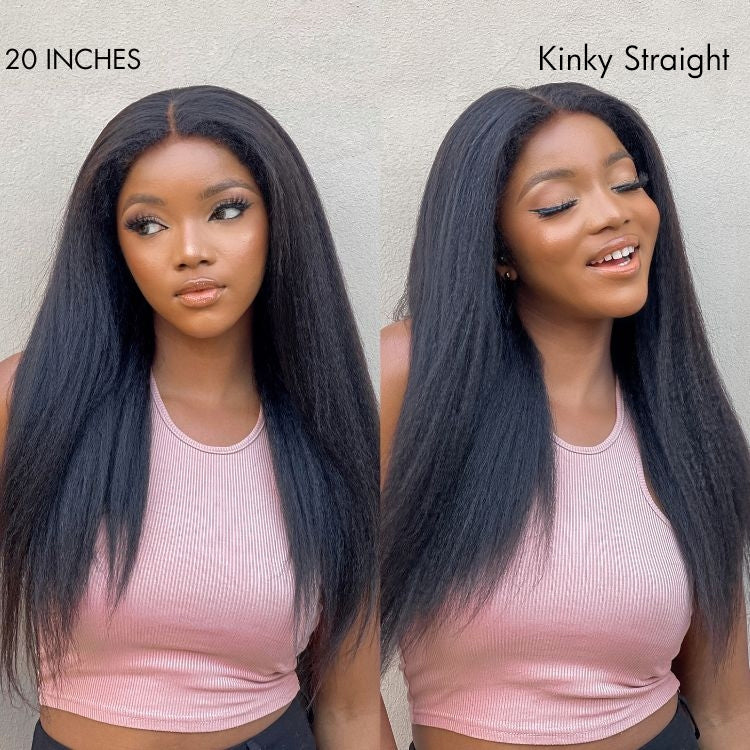 Natural Kinky Straight / Yaki Straight Glueless 5x5 Closure HD Lace Long Wig 100% Human Hair