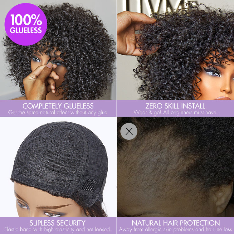 1 SEC INSTALL WIG | Shaggy Wolf Cut Throw On & Go Afro Curly Glueless Short Curly Wig with Bangs