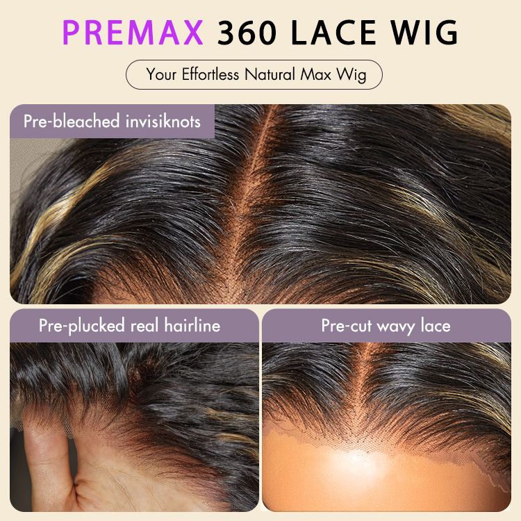 PreMax Wigs | 360 Lace Free Part Blonde Highlight Water Wave Natural Looking Wig
