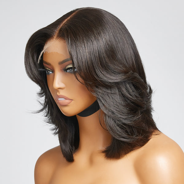 Natural Black Handcraft Layered 5x5 Closure HD Lace Glueless Short Wig 100% Human Hair