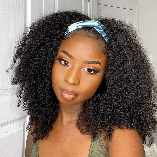 Newbie Only | Natural Black Jerry Curly No Lace Glueless Free Part Long Headband Wig (Get Free Trendy Headbands)