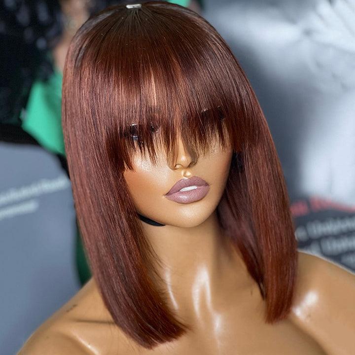 Reddish Brown Straight Short 13x4 Lace Front Bob Wig With Bangs Human Hair