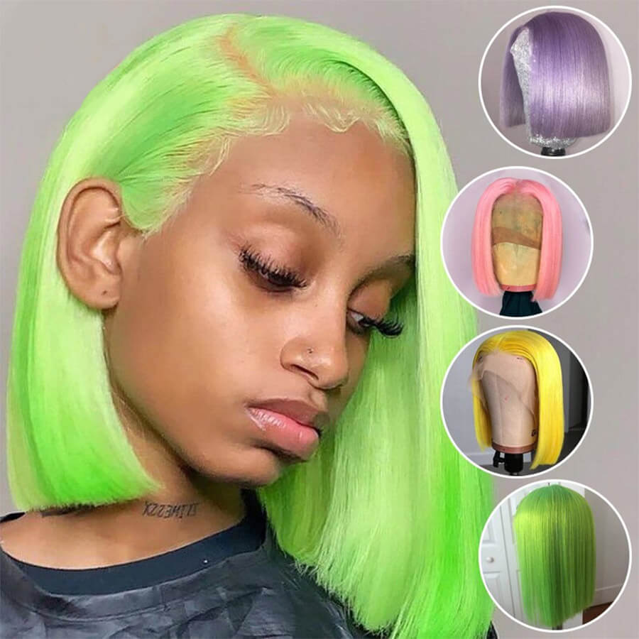 Colorful Straight Bob Wig Human Hair 13x4 Pre Plucked Glueless Bob Lace Front Human Hair Wig 150% Density