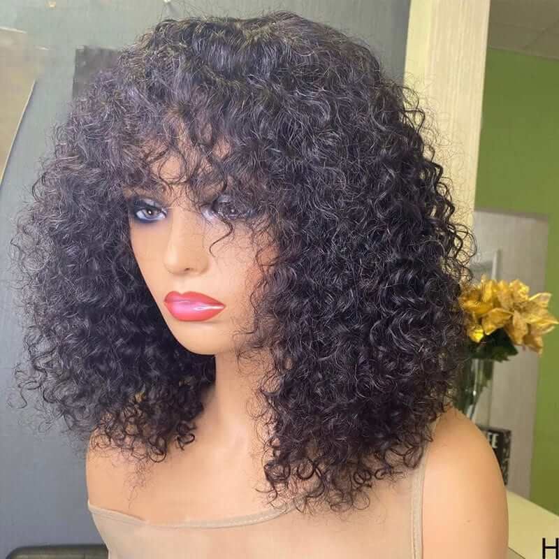 Glueless Affordable Short Bouncy Curly Wig with Bangs Human Hair Wigs For Women