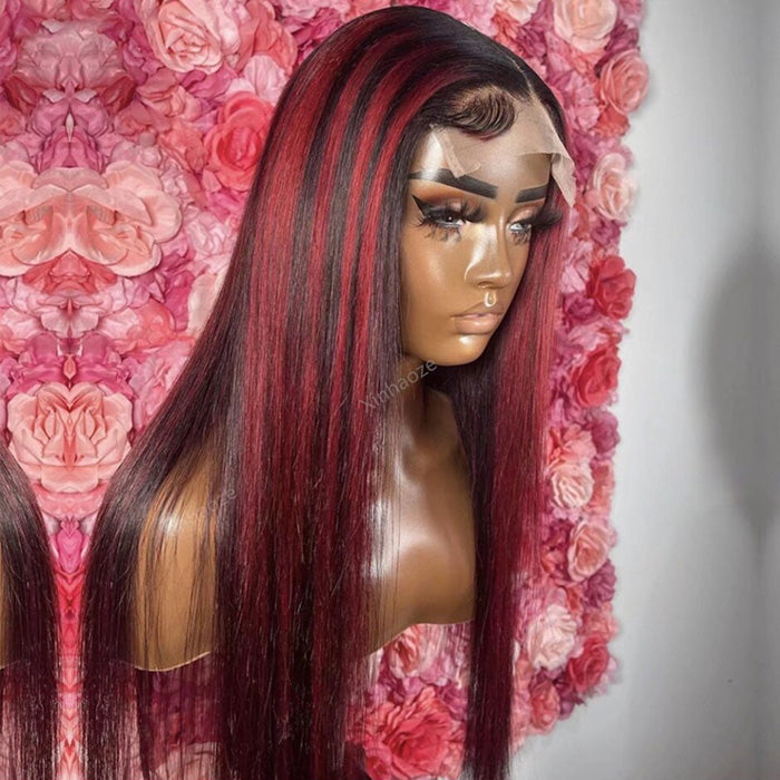 Straight Dark 99J Burgundy With Red Highlights 13x4 HD Lace Front Wigs Human Hair