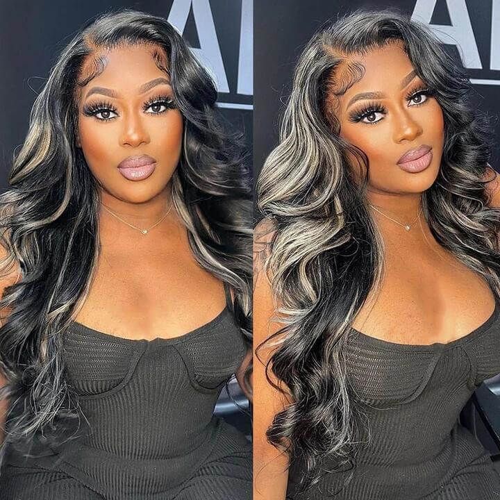 Grey And Black Hair 13x4 Lace Body Wave Platinum Blonde Highlights Wave Mixed Color Human Hair Wigs