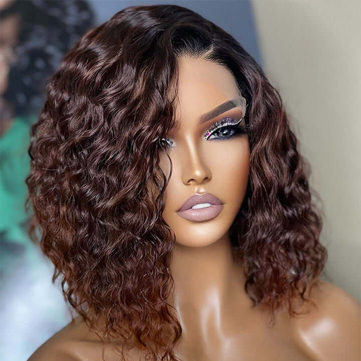 Ombre Dark Brown Color Short Bob Curly 13x4 Lace Front Wig Human Hair