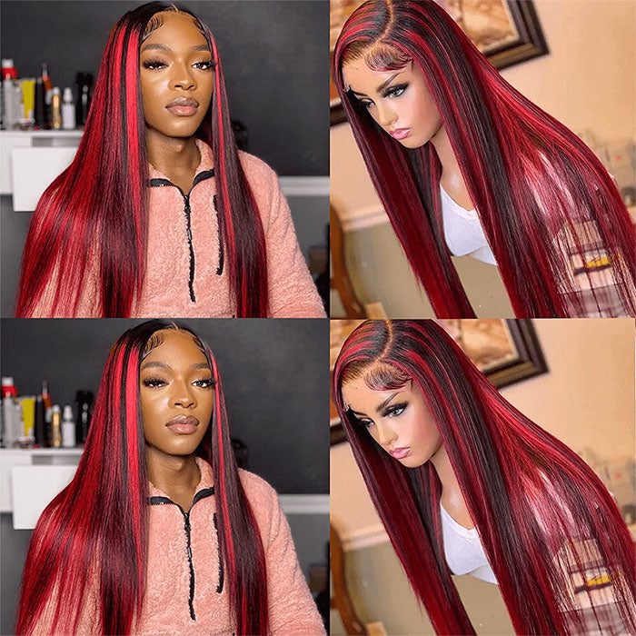 Straight Dark 99J Burgundy With Red Highlights 13x4 HD Lace Front Wigs Human Hair