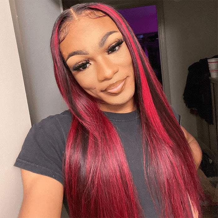 Straight Dark 99J Burgundy With Red Highlights 13x4 HD Lace Front Wigs Human Hair