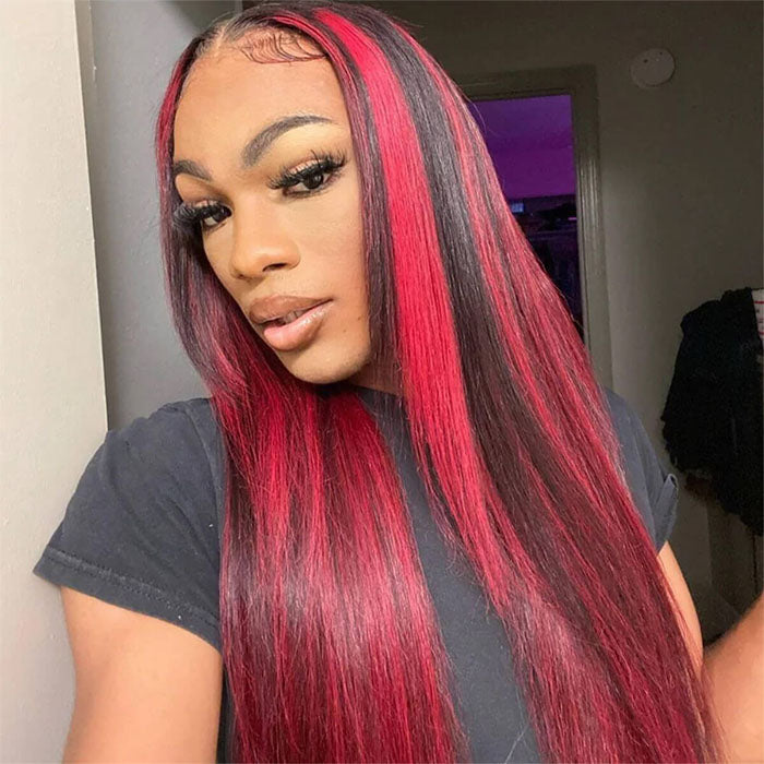 Straight Dark 99J Burgundy With Red Highlights 13x4 HD Lace Front Wigs Human Hair
