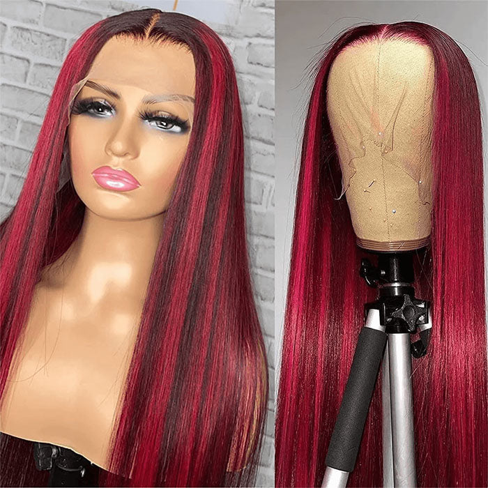 Straight Dark 99J Burgundy With Red Highlights 13x4 HD Lace Front Wigs Human Hair