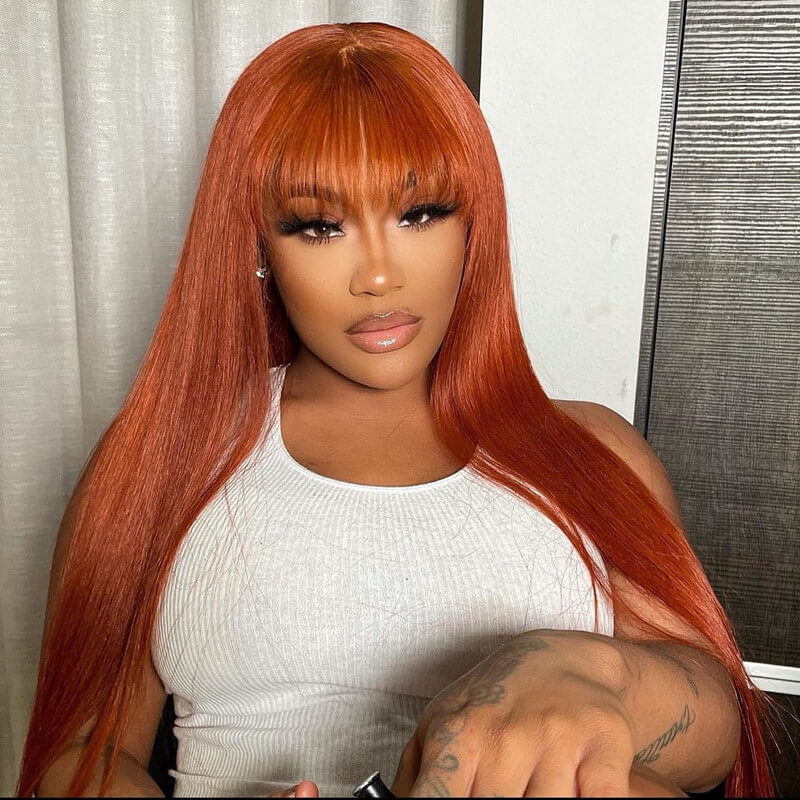Ginger Color Straight Frontal Wig with Bangs With Human Hair