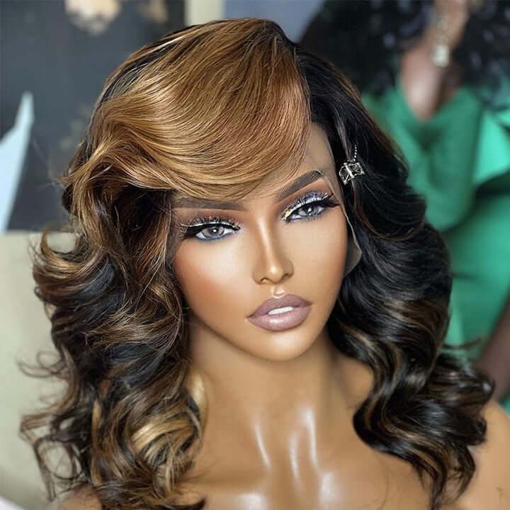Highlight Skunk Stripe Color Short Wavy 13X4 Lace Front Bob Wig Human Hair