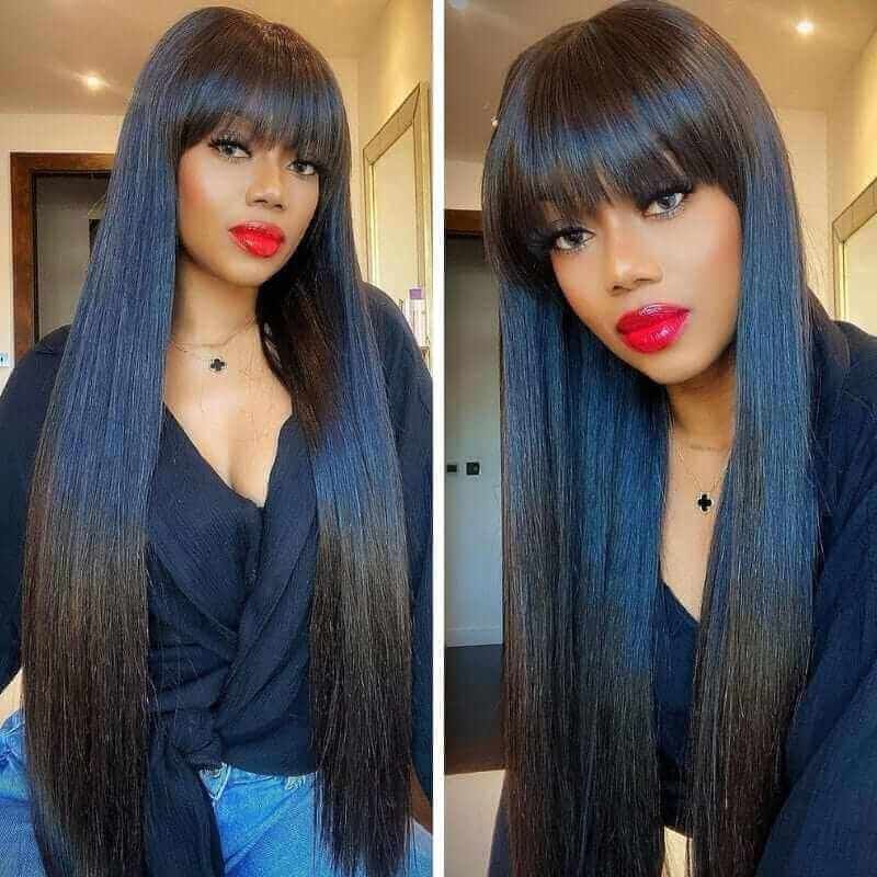 Long Silk Straight Human Hair with Bangs Transparent Lace 4x4 Lace Closure Wig