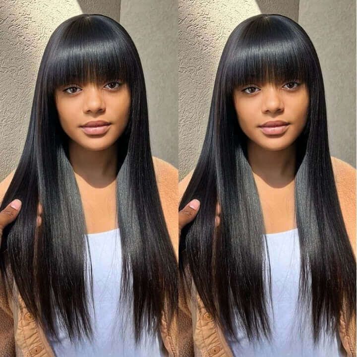 Long Silk Straight Human Hair with Bangs Transparent Lace 4x4 Lace Closure Wig