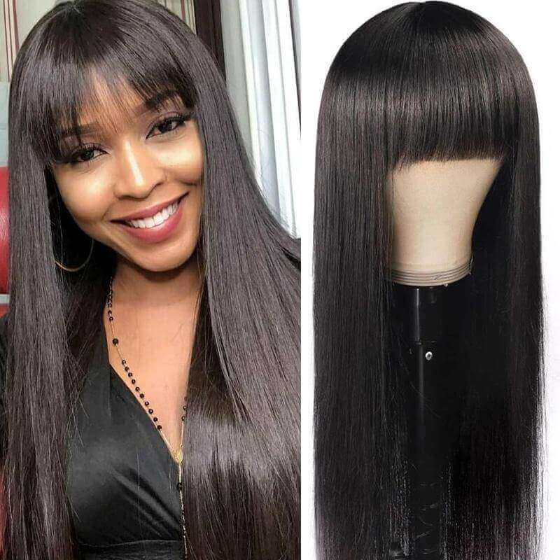 Long Silk Straight Human Hair with Bangs Transparent Lace 4x4 Lace Closure Wig