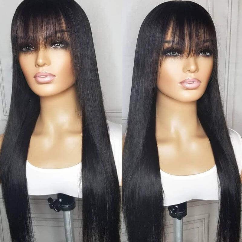 Long Silk Straight Human Hair with Bangs Transparent Lace 4x4 Lace Closure Wig