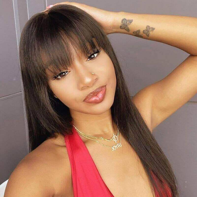 Long Silk Straight Human Hair with Bangs Transparent Lace 4x4 Lace Closure Wig