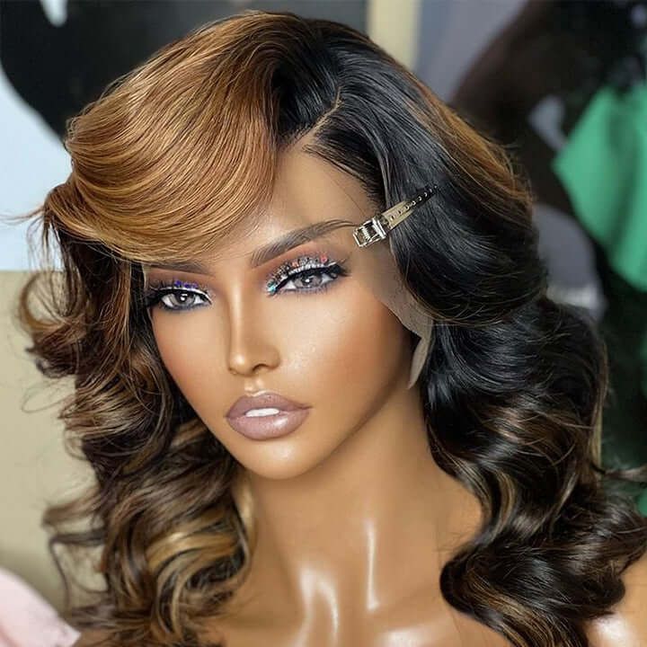 Highlight Skunk Stripe Color Short Wavy 13X4 Lace Front Bob Wig Human Hair
