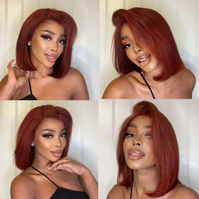 #33 Dark Auburn Color Straight Short Bob Red Brown Wig 13x4 Bob Lace Frontal Wigs 150% Density