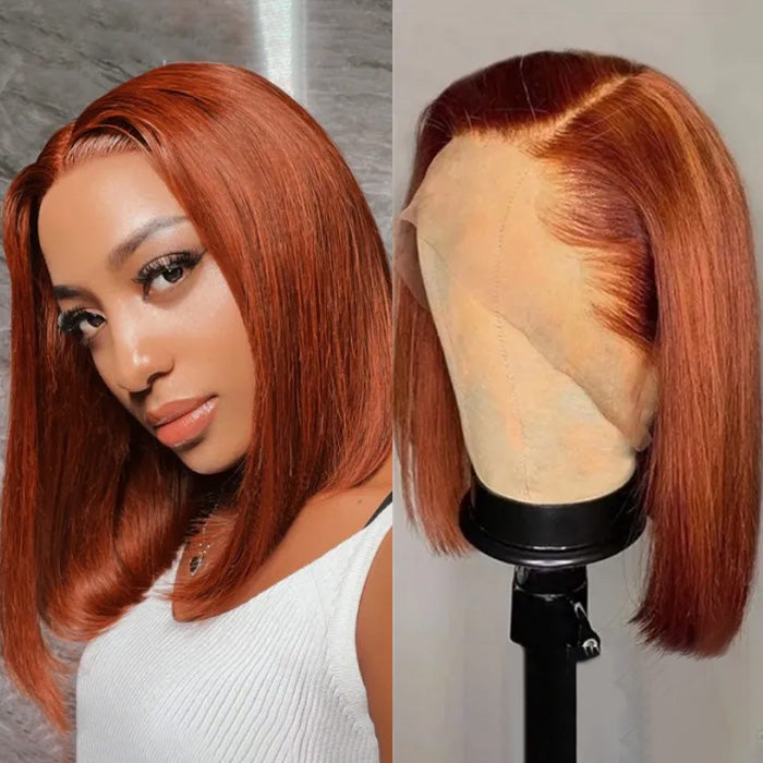 #33 Dark Auburn Color Straight Short Bob Red Brown Wig 13x4 Bob Lace Frontal Wigs 150% Density