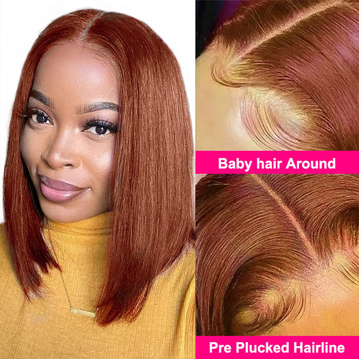 #33 Dark Auburn Color Straight Short Bob Red Brown Wig 13x4 Bob Lace Frontal Wigs 150% Density