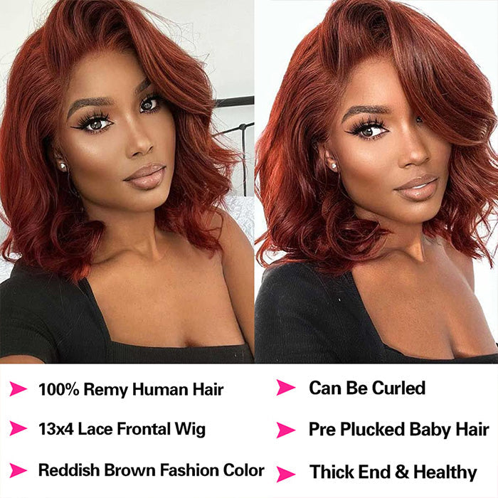 #33 Dark Auburn Color Straight Short Bob Red Brown Wig 13x4 Bob Lace Frontal Wigs 150% Density