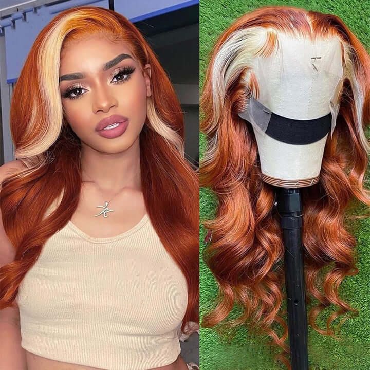 New Fashion Blonde Ginger Highlight Body Wave Human Hair Lace Front Wig