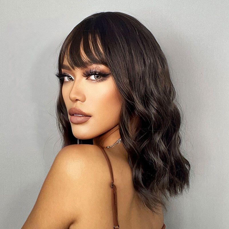 Bob 4X4 Lace Wave Wigs with Bangs Natural Black 100% Human Hair
