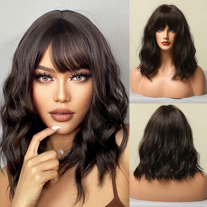Bob 4X4 Lace Wave Wigs with Bangs Natural Black 100% Human Hair