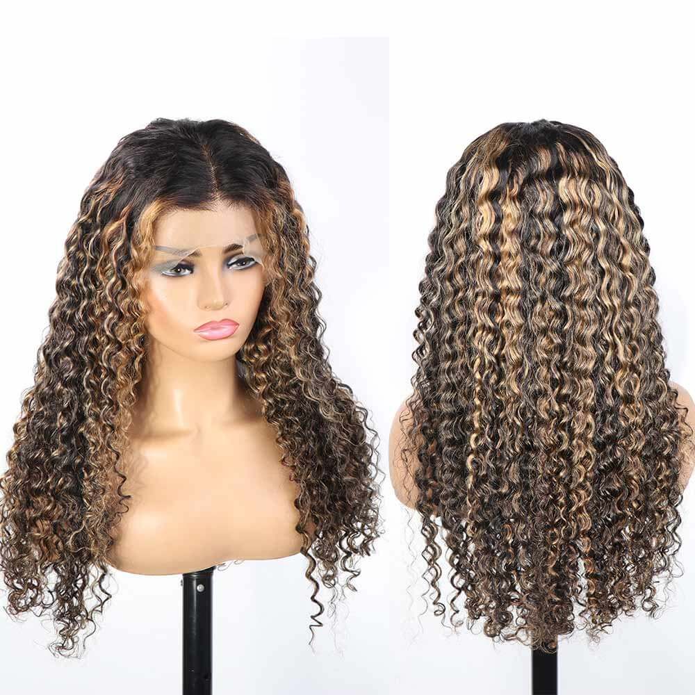 Water Wave Transparent Lace Closure Wigs Balayage Highlight Hair Pre Plucked Human Hair