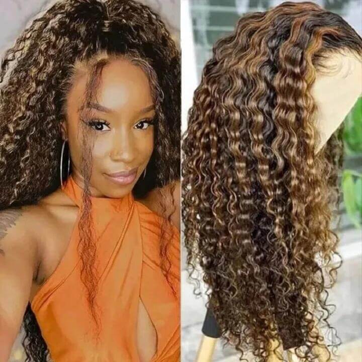Water Wave Transparent Lace Closure Wigs Balayage Highlight Hair Pre Plucked Human Hair